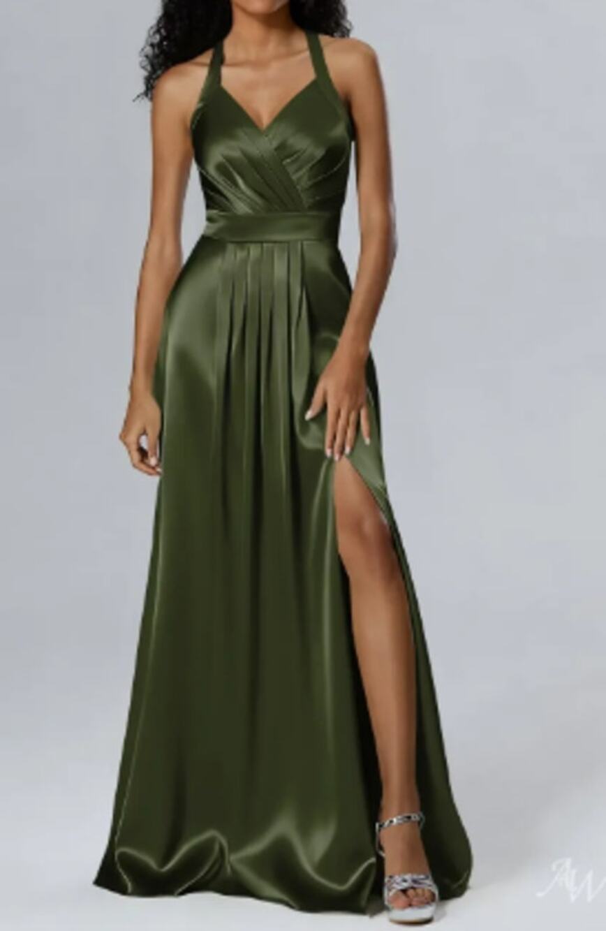 AW BRIDAL 0 XS green olive Theresa satin crystal party gala maxi dress NEW B37